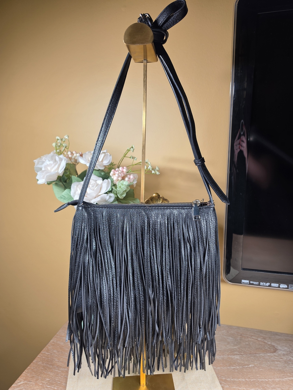 Carlos by Carlos Santana Black Fringe Crossbody Bag (Fair Cond.) See Description